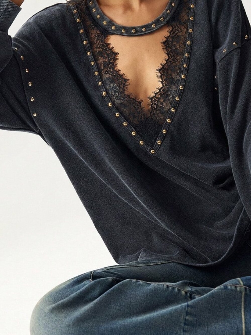Black Casual Women's Studded Oversized Drop Sleeve Pullover Long Sweater